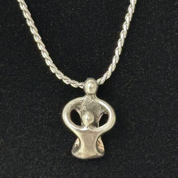 VINTAGE STERLING SILVER 925  MOTHER-CHILD HEART SLIDE-THRU PENDANT NECKLACE - Picture 1 of 6